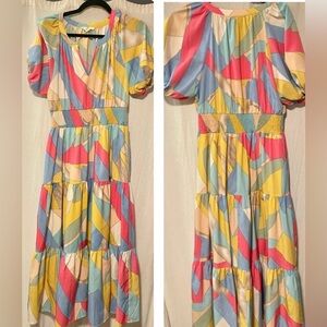 Entro for Anthropologie Vibrant Geometric Midi Dress- Size Large- NWOT